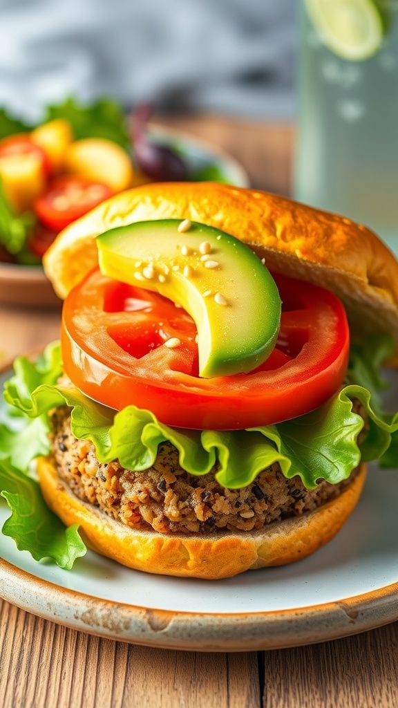 A quinoa burger on a bun with lettuce, tomato, and avocado, served with a side salad.